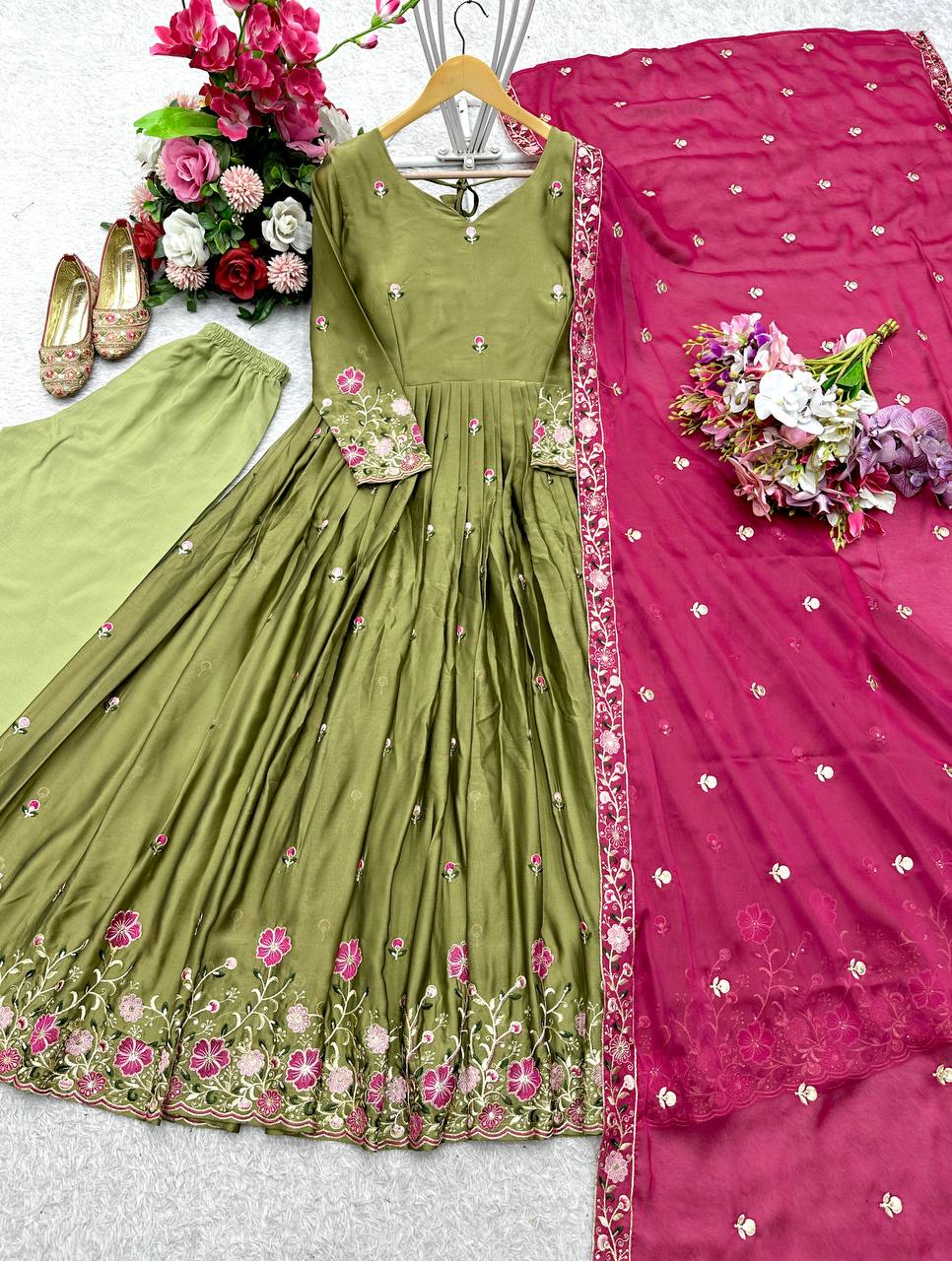 Olive Green Rangoli Silk Heavy Embroidered Gown Set
