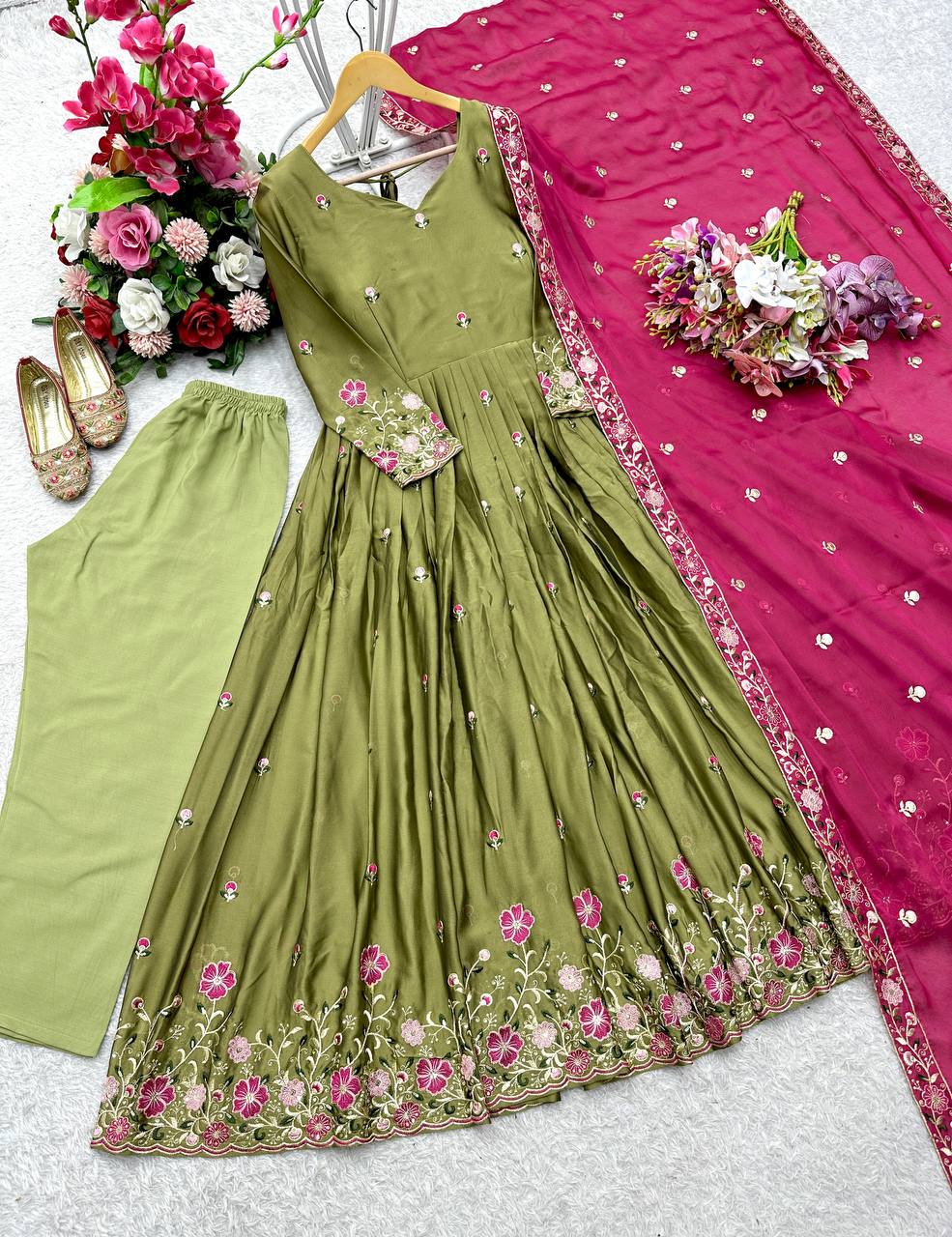 Olive Green Rangoli Silk Heavy Embroidered Gown Set