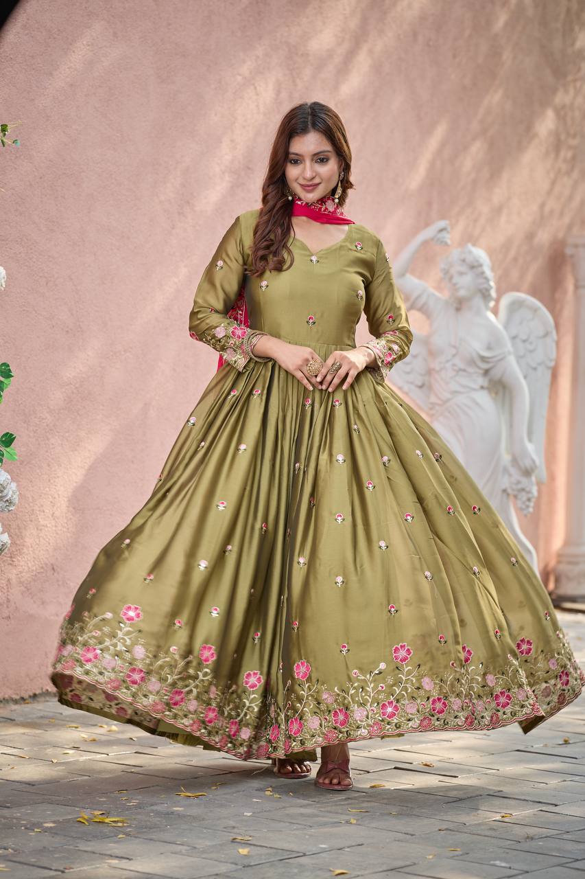 Olive Green Rangoli Silk Heavy Embroidered Gown Set