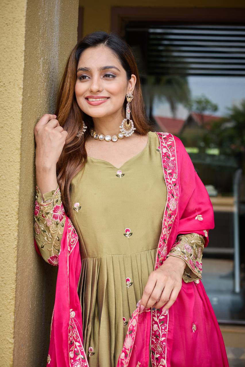 Olive Green Rangoli Silk Heavy Embroidered Gown Set