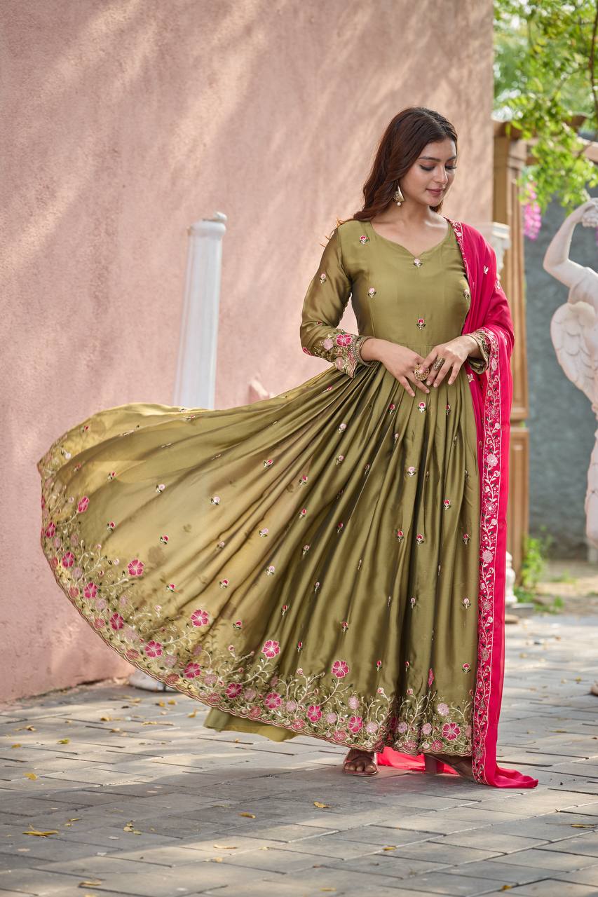 Olive Green Rangoli Silk Heavy Embroidered Gown Set