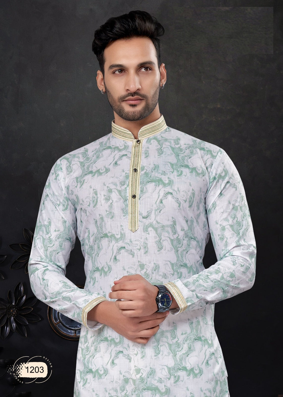 Green and White Pure Silk Kurta Pajama Set
