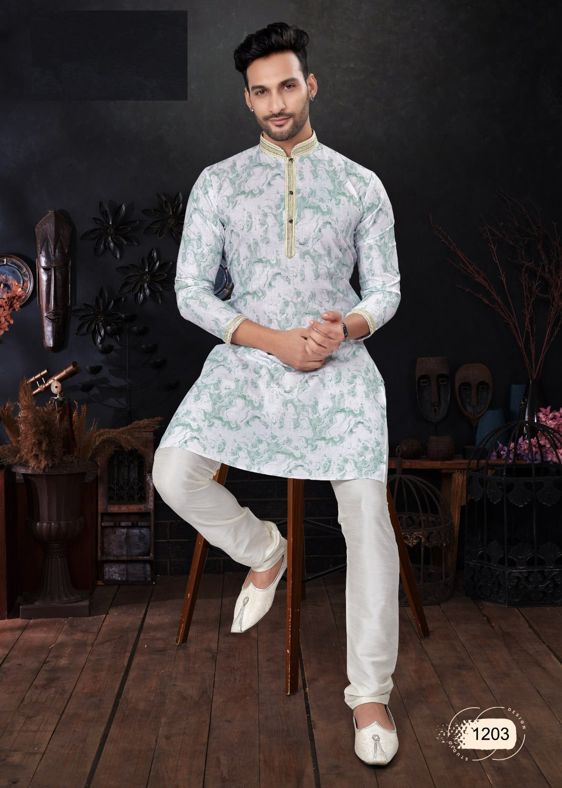 Green and White Pure Silk Kurta Pajama Set