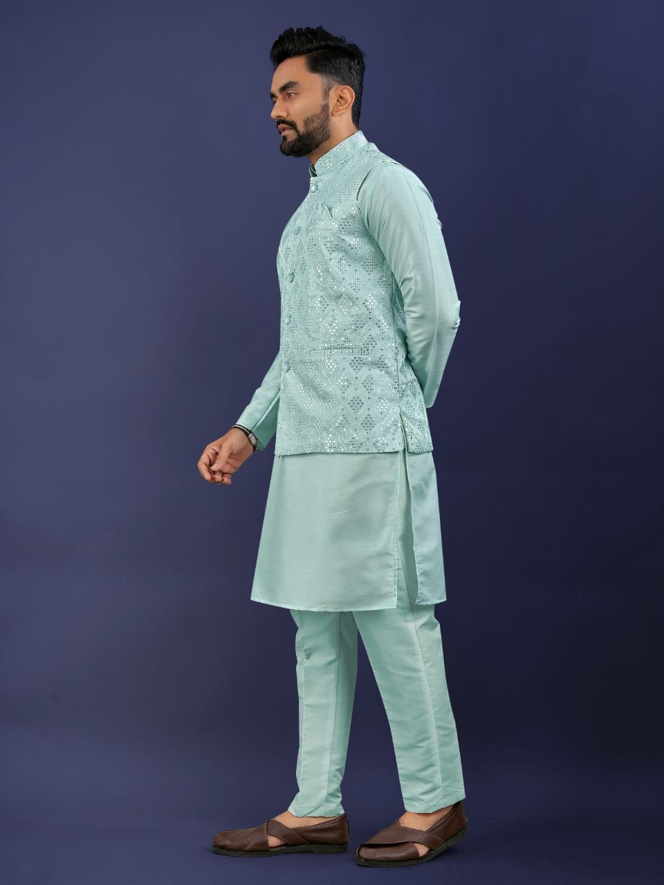 Regal Silk Koti‑Kurta Set – Embroidered Jacket, Kurta & Pajama