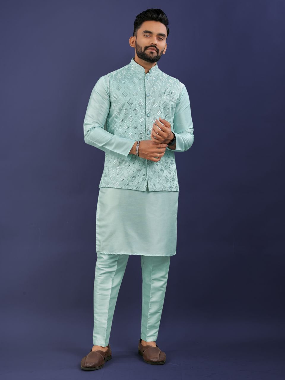 Regal Silk Koti‑Kurta Set – Embroidered Jacket, Kurta & Pajama