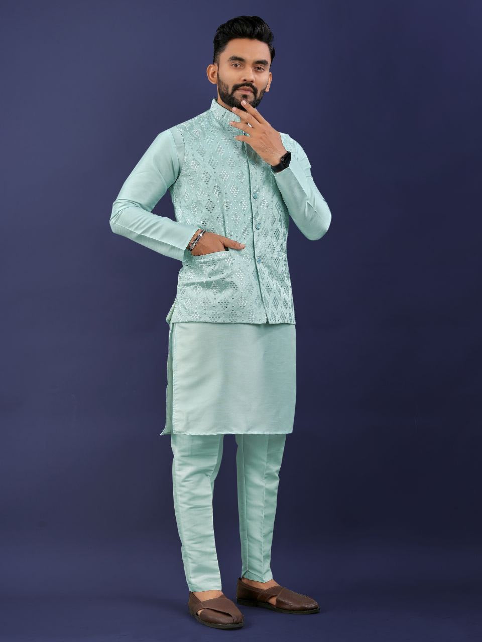 Regal Silk Koti‑Kurta Set – Embroidered Jacket, Kurta & Pajama