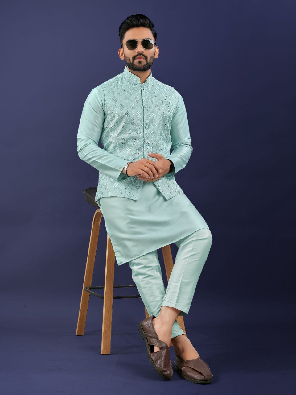 Regal Silk Koti‑Kurta Set – Embroidered Jacket, Kurta & Pajama