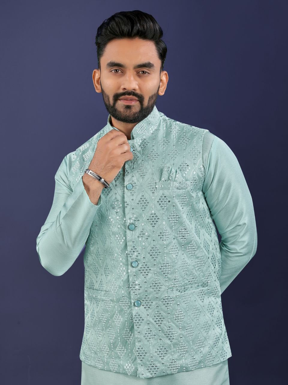 Regal Silk Koti‑Kurta Set – Embroidered Jacket, Kurta & Pajama