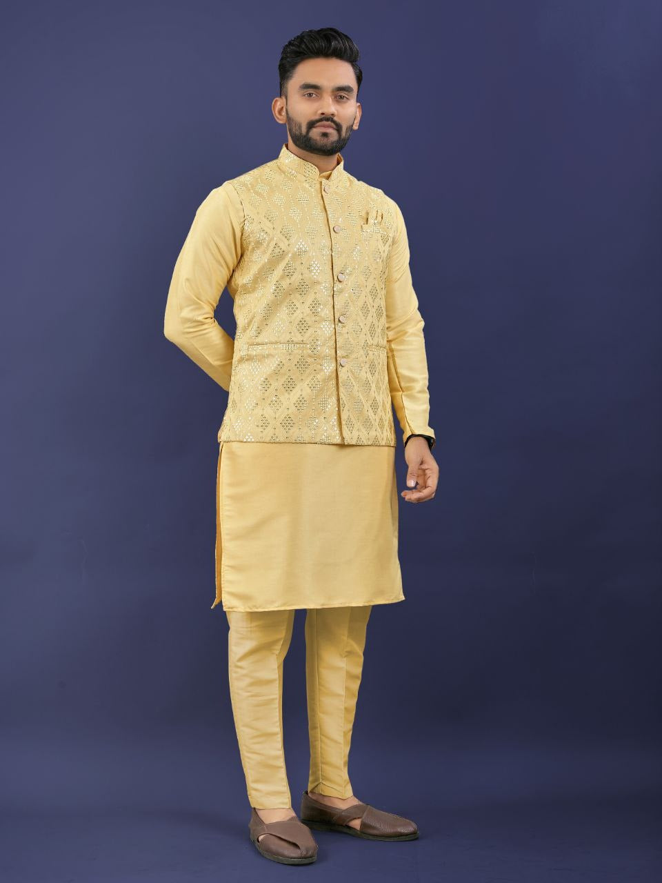 Regal Silk Koti‑Kurta Set – Embroidered Jacket, Kurta & Pajama