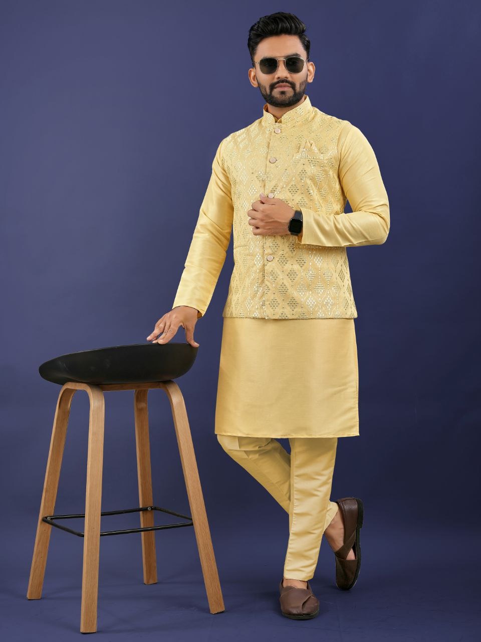 Regal Silk Koti‑Kurta Set – Embroidered Jacket, Kurta & Pajama