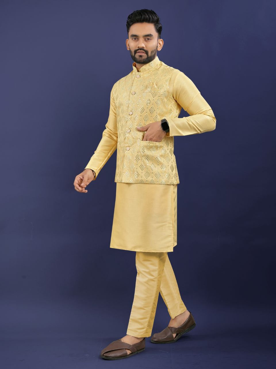 Regal Silk Koti‑Kurta Set – Embroidered Jacket, Kurta & Pajama
