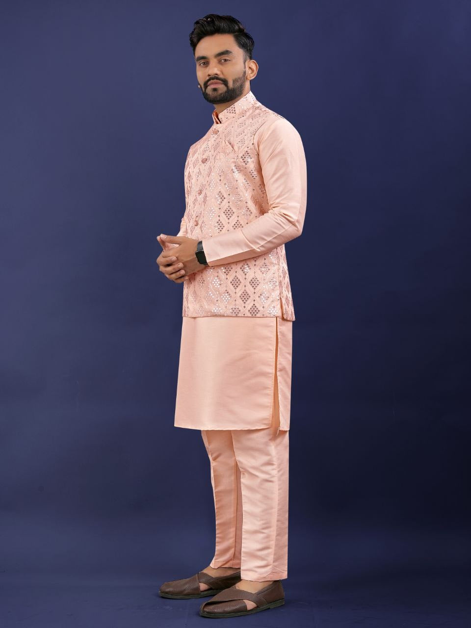Regal Silk Koti‑Kurta Set – Embroidered Jacket, Kurta & Pajama