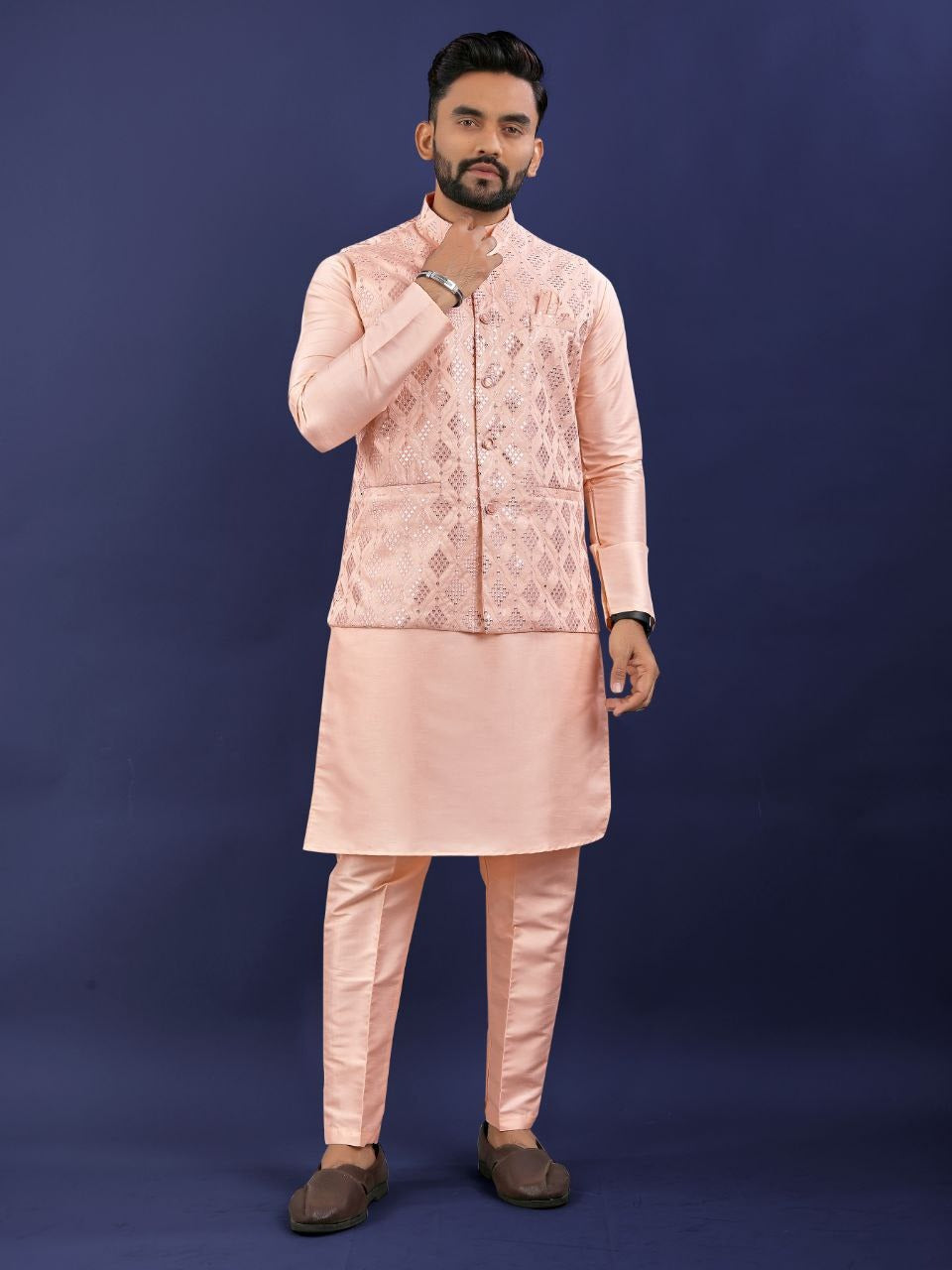 Regal Silk Koti‑Kurta Set – Embroidered Jacket, Kurta & Pajama
