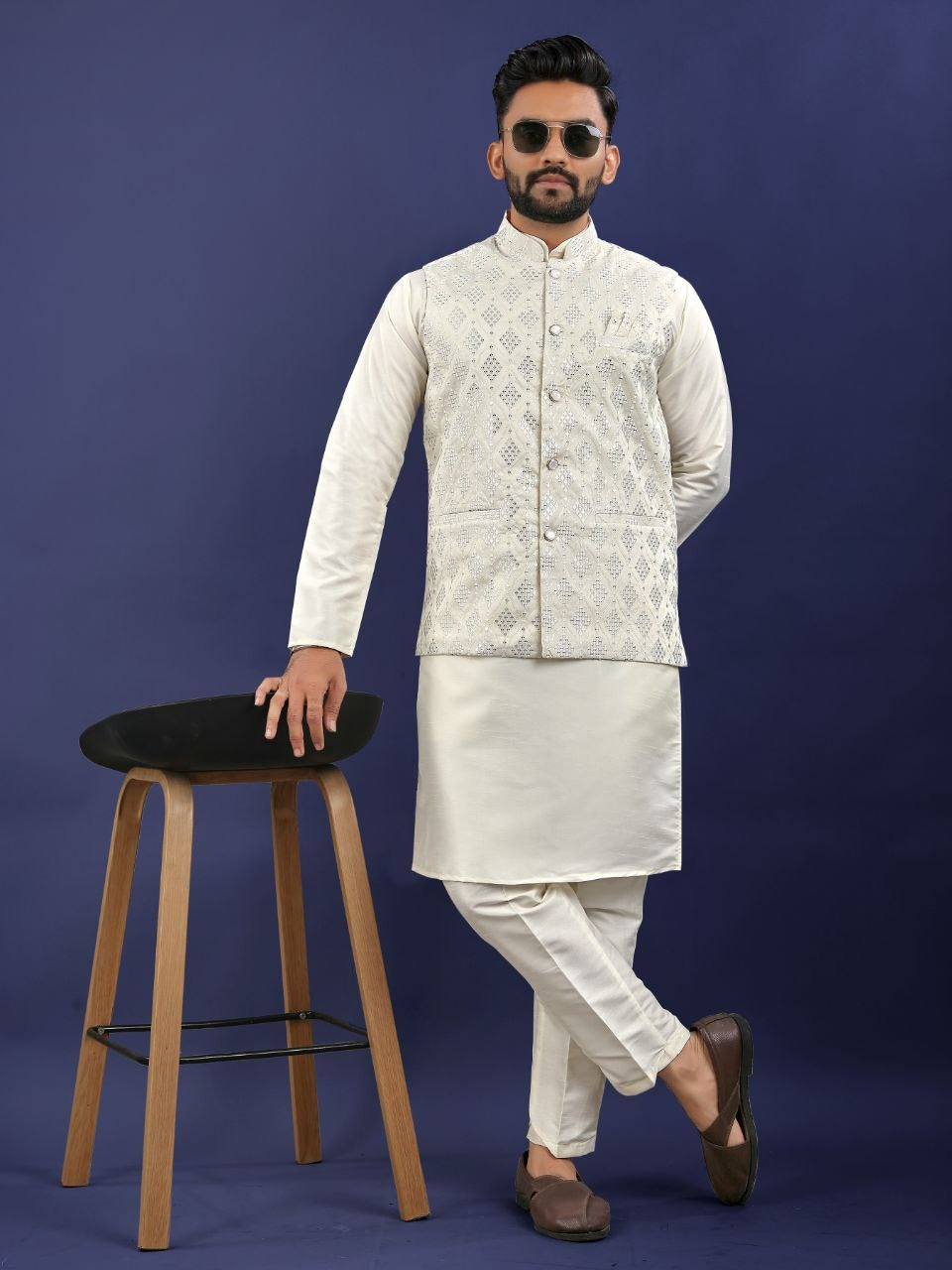 Regal Silk Koti‑Kurta Set – Embroidered Jacket, Kurta & Pajama
