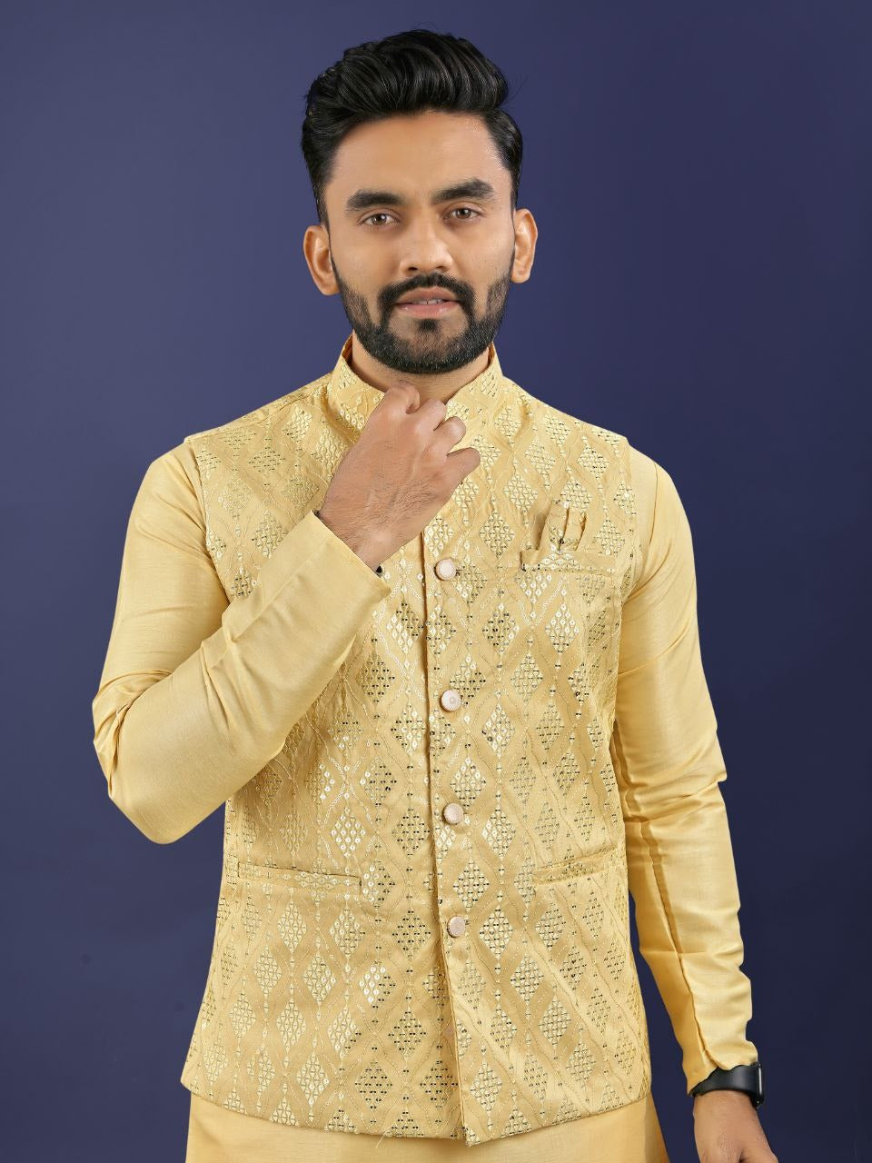 Regal Silk Koti‑Kurta Set – Embroidered Jacket, Kurta & Pajama