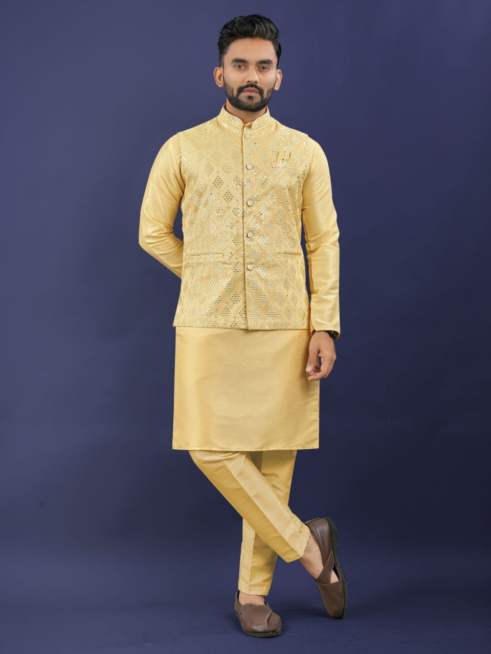 Regal Silk Koti‑Kurta Set – Embroidered Jacket, Kurta & Pajama