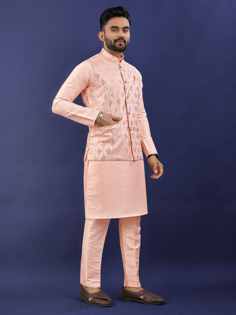 Regal Silk Koti‑Kurta Set – Embroidered Jacket, Kurta & Pajama