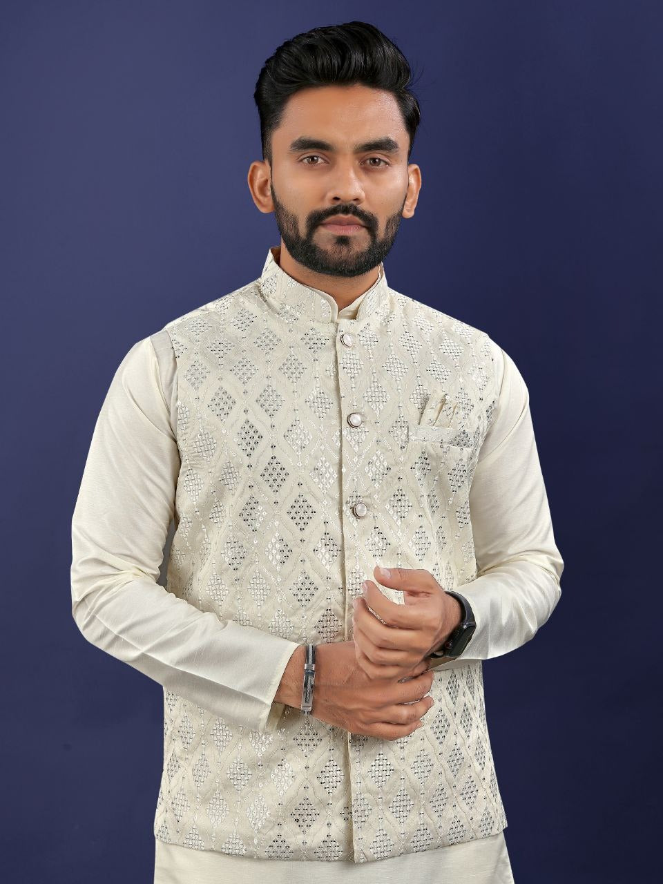 Regal Silk Koti‑Kurta Set – Embroidered Jacket, Kurta & Pajama