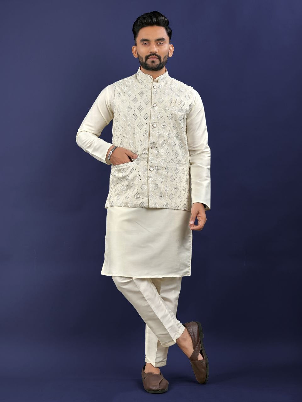 Regal Silk Koti‑Kurta Set – Embroidered Jacket, Kurta & Pajama