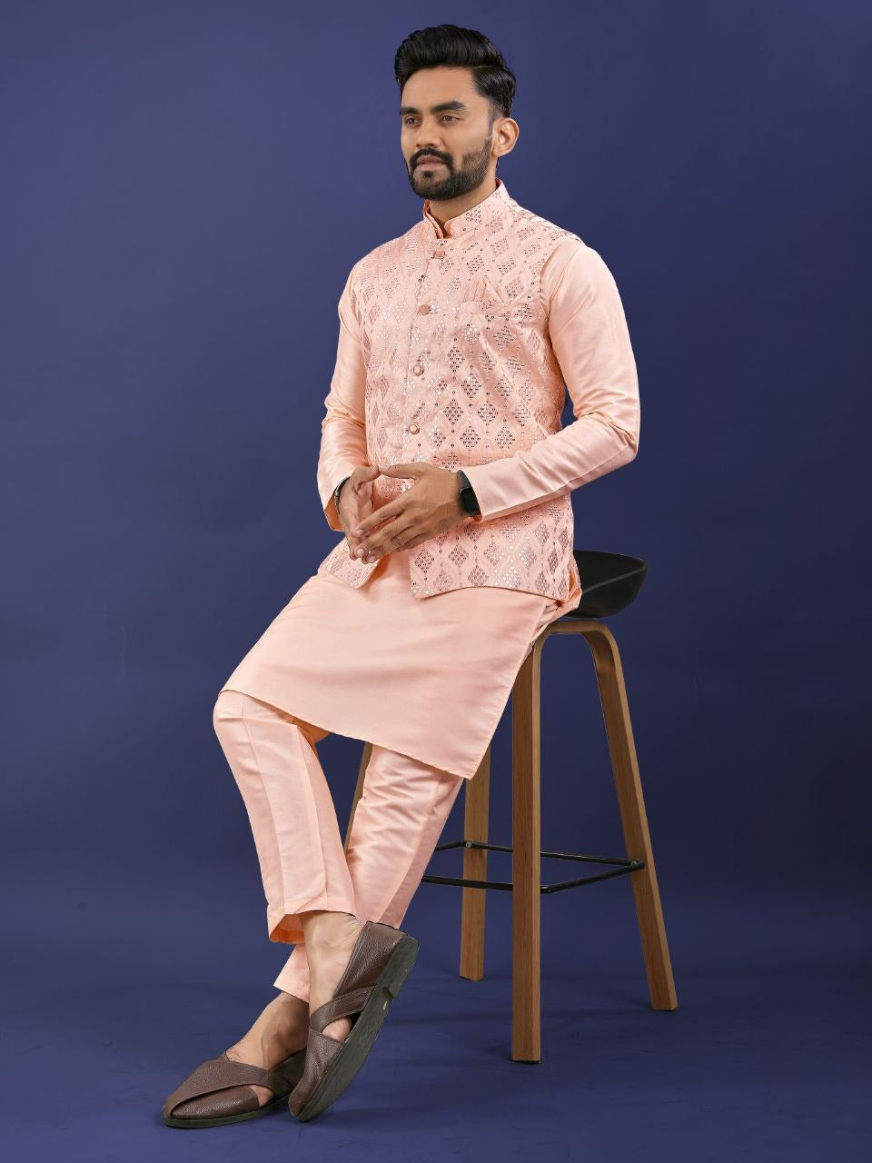 Regal Silk Koti‑Kurta Set – Embroidered Jacket, Kurta & Pajama