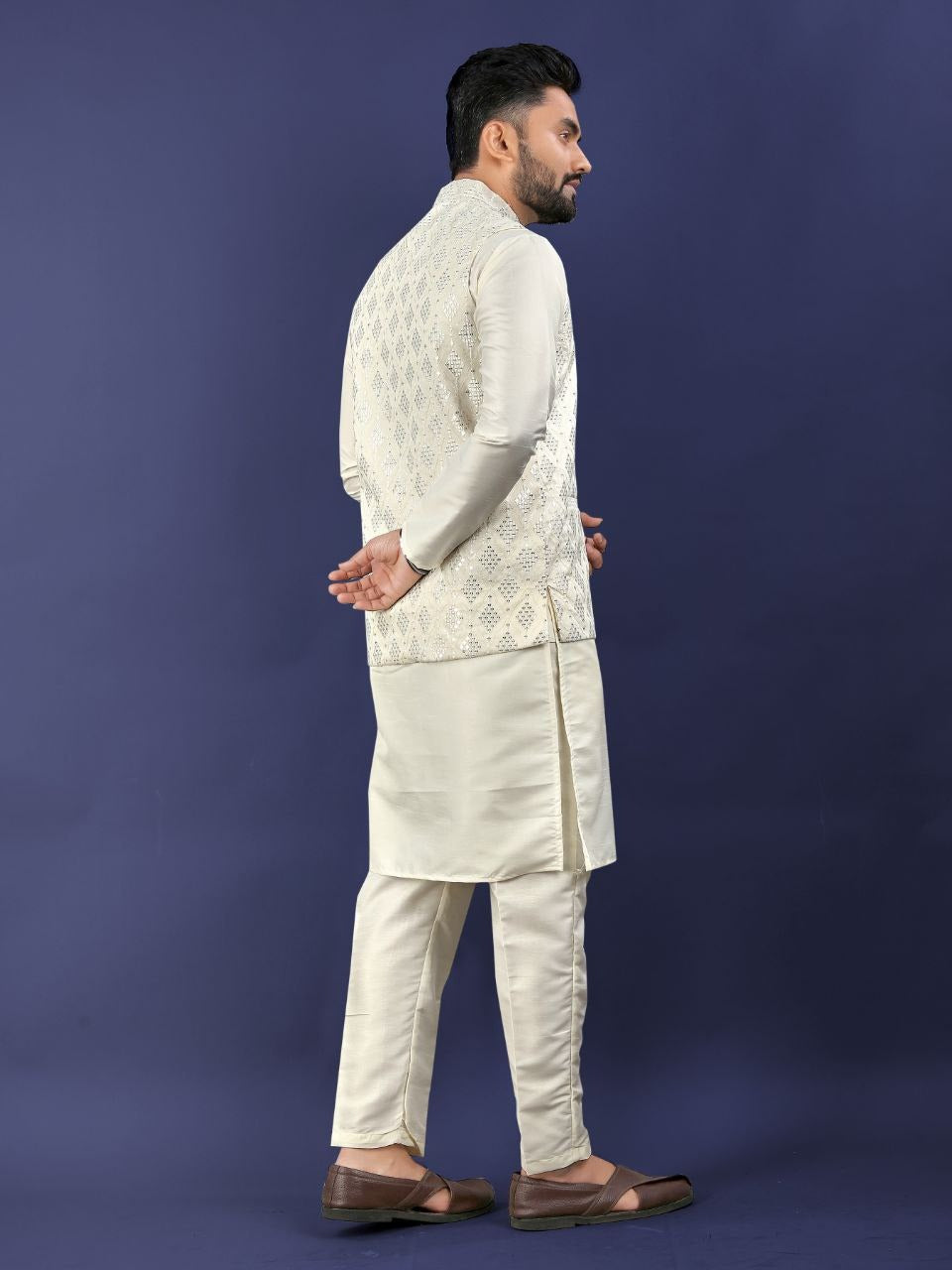 Regal Silk Koti‑Kurta Set – Embroidered Jacket, Kurta & Pajama