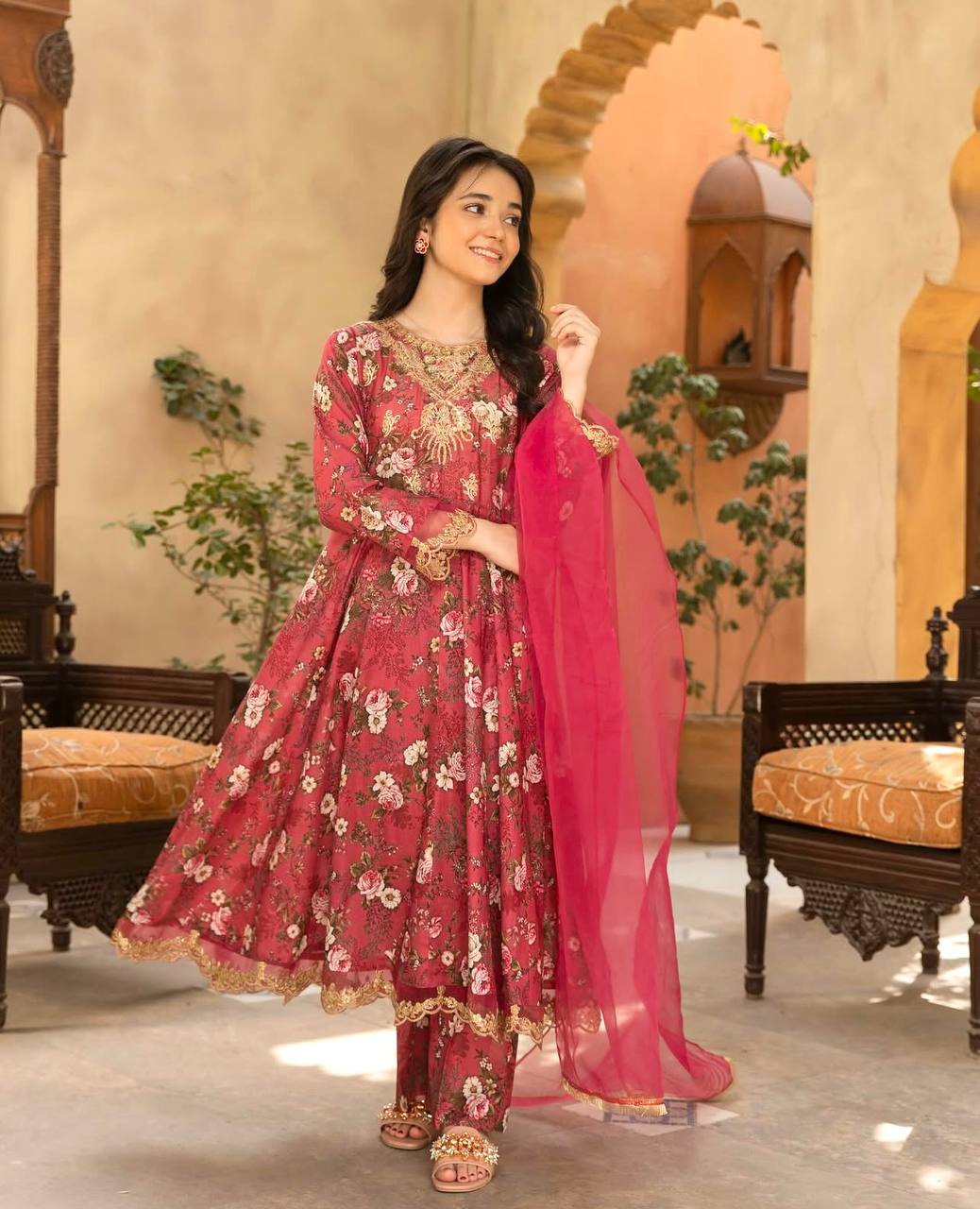 Elegant Georgette Gown Set for Girls – Embroidered & Digitally Printed with Dupatta