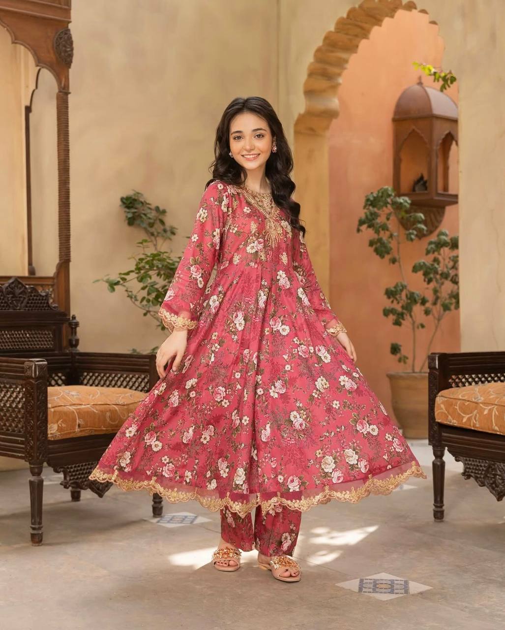 Elegant Georgette Gown Set for Girls – Embroidered & Digitally Printed with Dupatta
