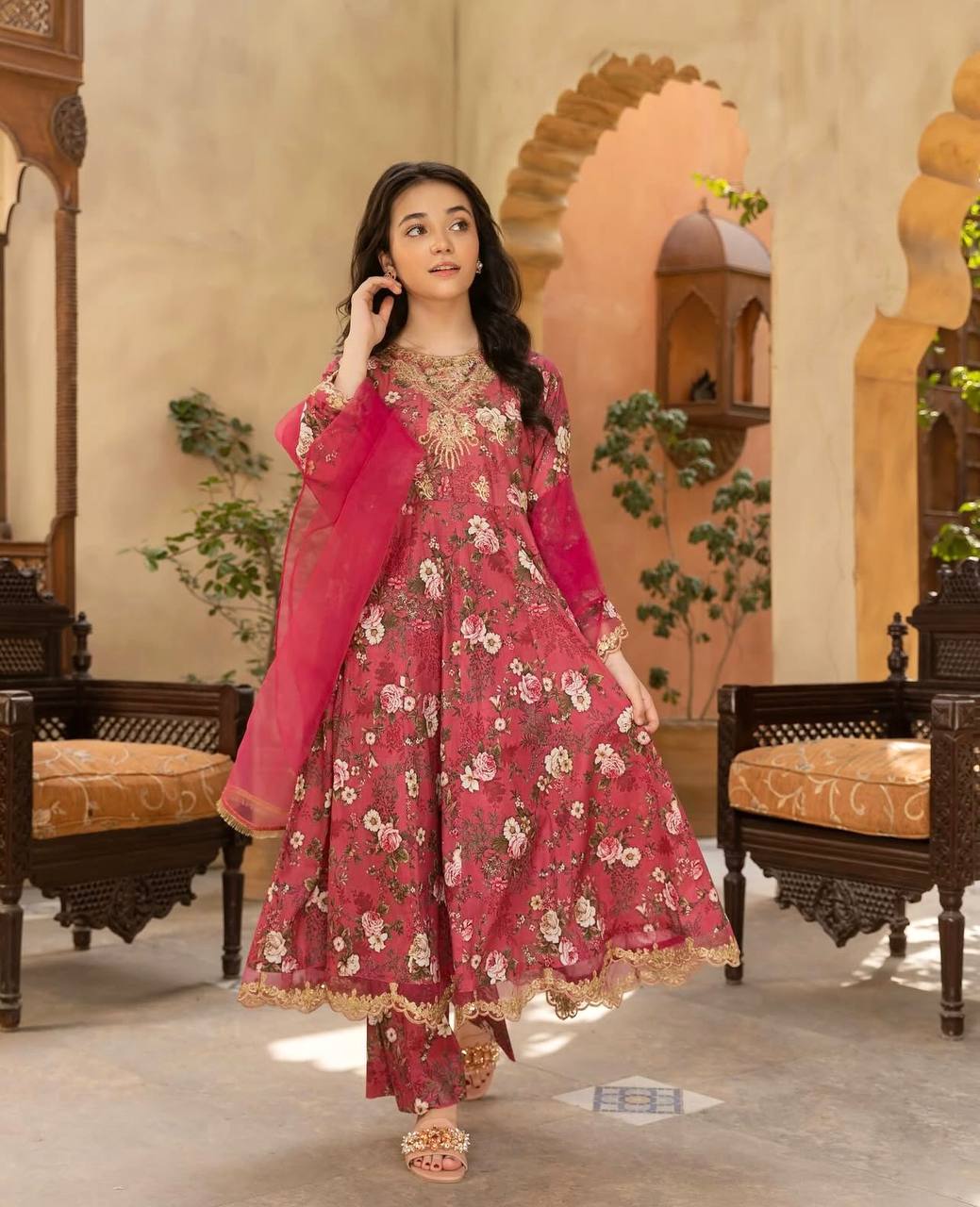 Elegant Georgette Gown Set for Girls – Embroidered & Digitally Printed with Dupatta
