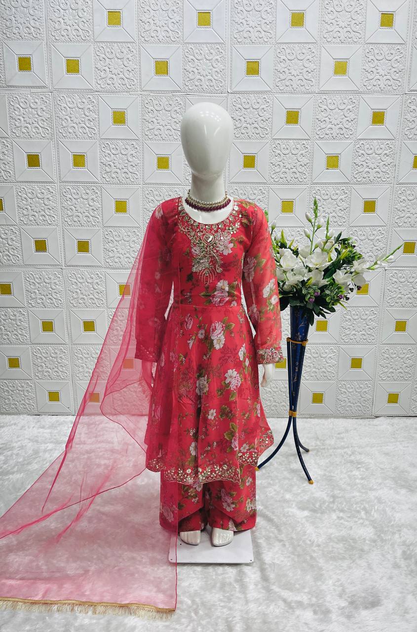 Elegant Georgette Gown Set for Girls – Embroidered & Digitally Printed with Dupatta