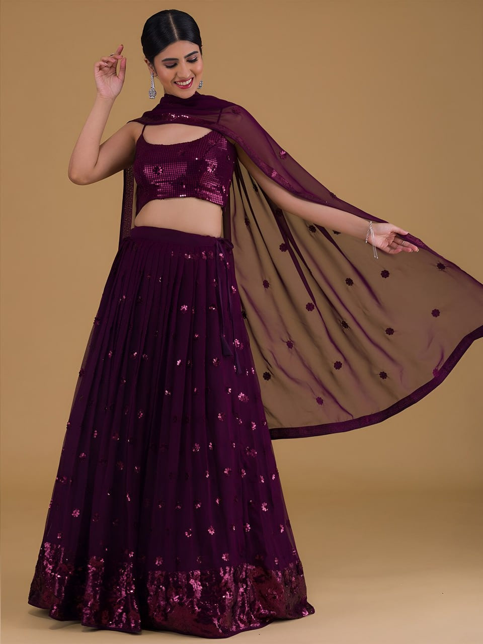 Deep Purple Georgette Lehenga Set (Fully Stitched) with Sequin Embellishments