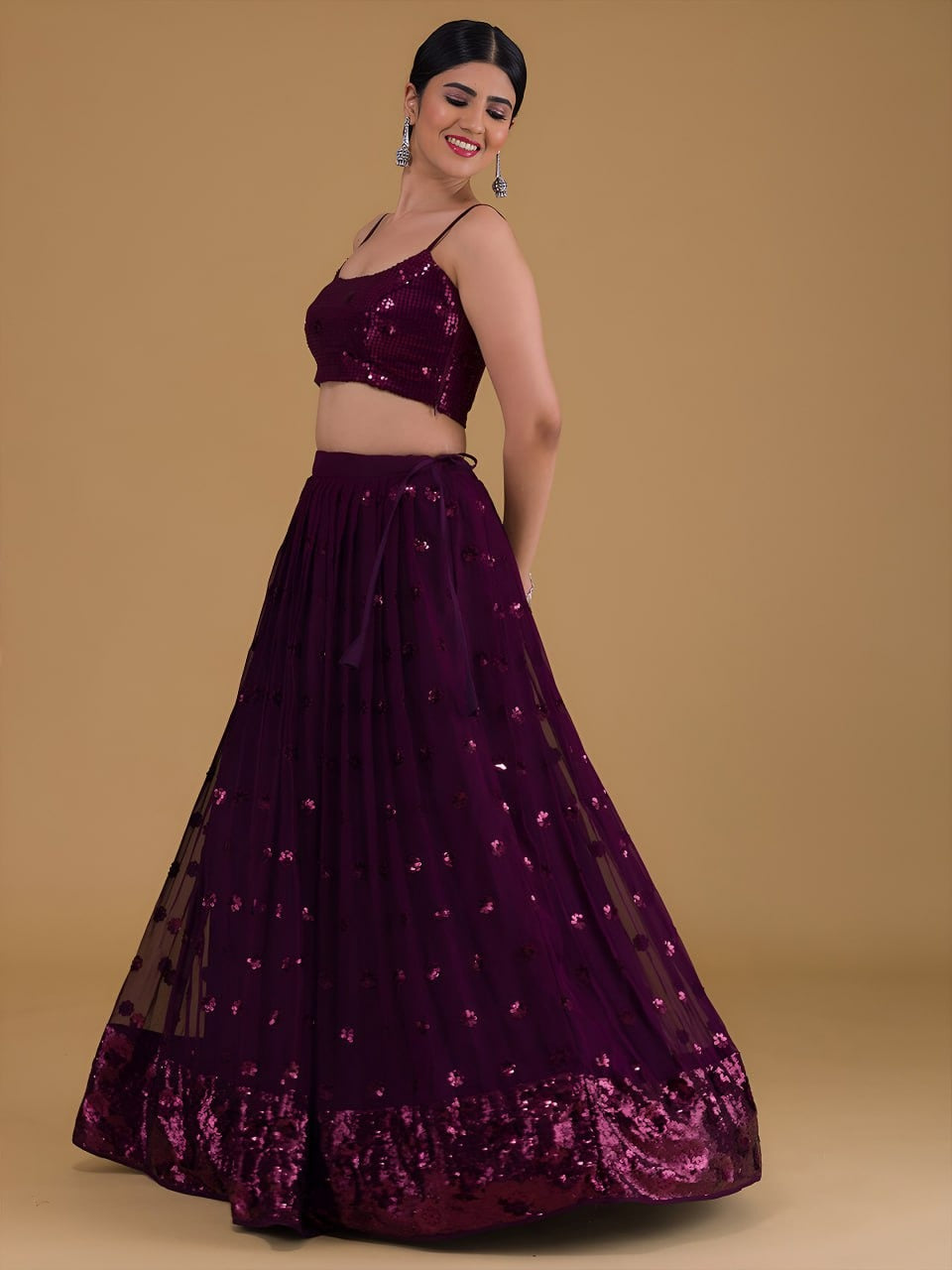 Deep Purple Georgette Lehenga Set (Fully Stitched) with Sequin Embellishments