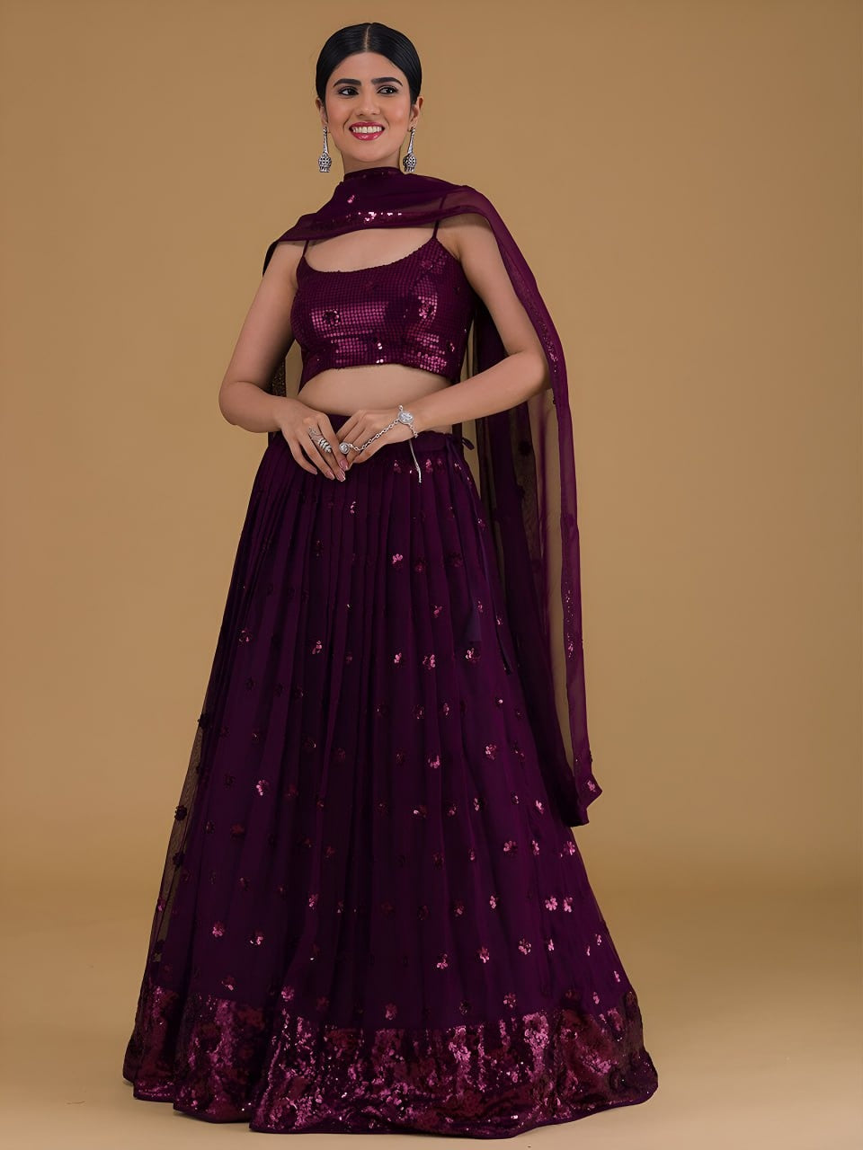 Deep Purple Georgette Lehenga Set (Fully Stitched) with Sequin Embellishments