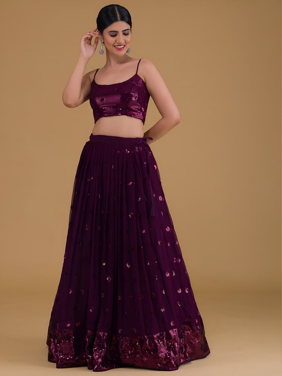 Deep Purple Georgette Lehenga Set (Fully Stitched) with Sequin Embellishments