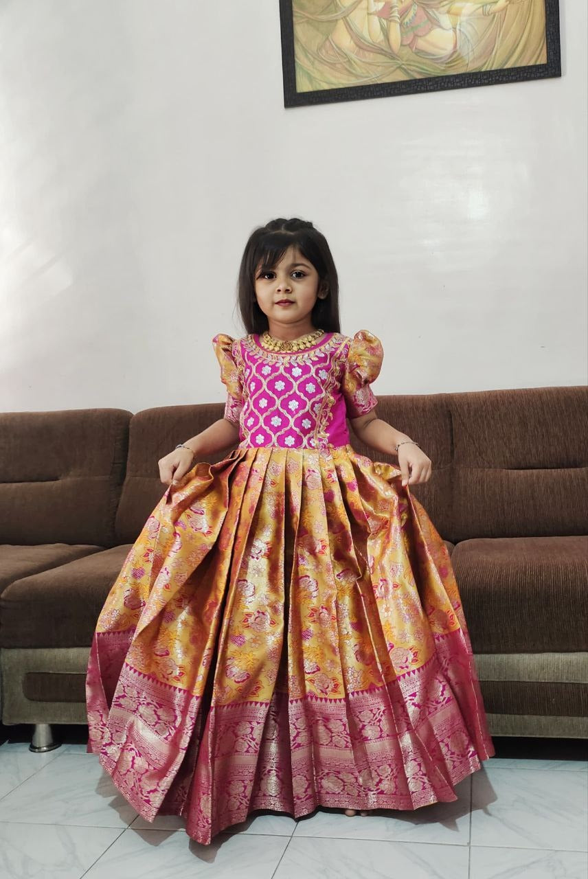 Little Princess Pink and Gold Banarasi Silk Lehenga Choli for Kids