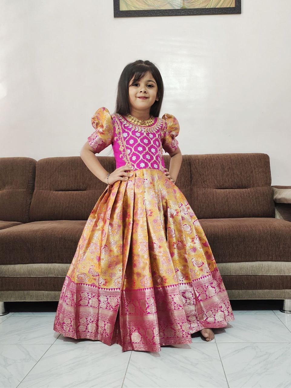 Little Princess Pink and Gold Banarasi Silk Lehenga Choli for Kids