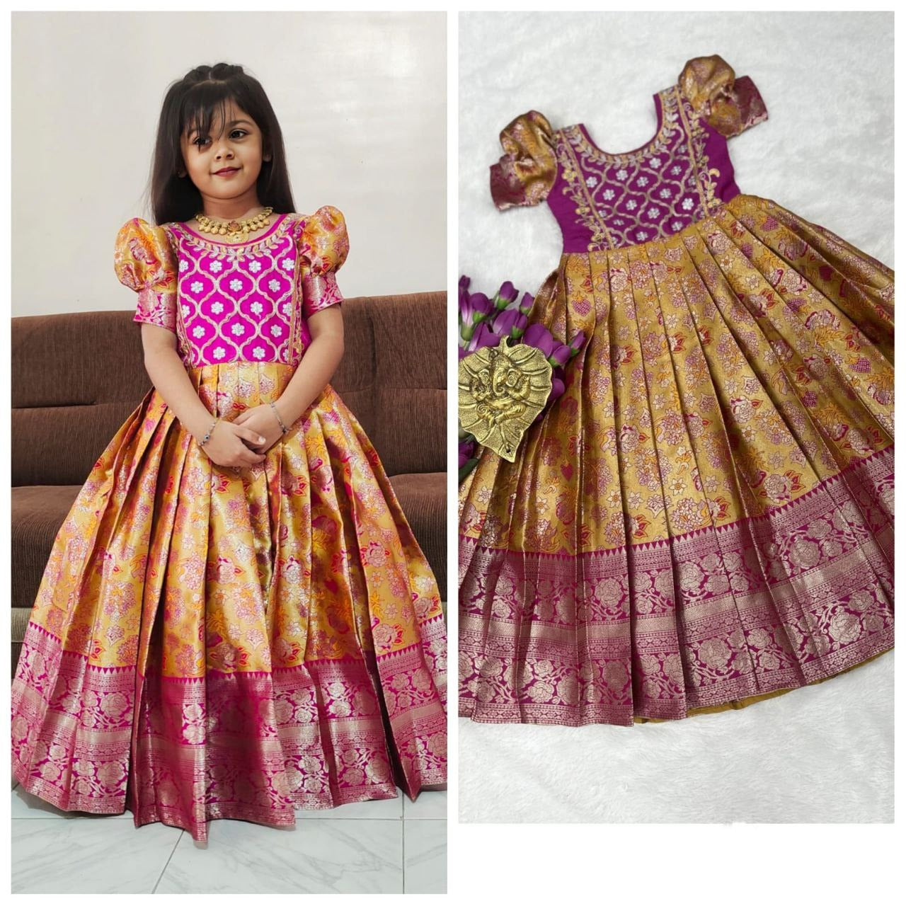 Little Princess Pink and Gold Banarasi Silk Lehenga Choli for Kids