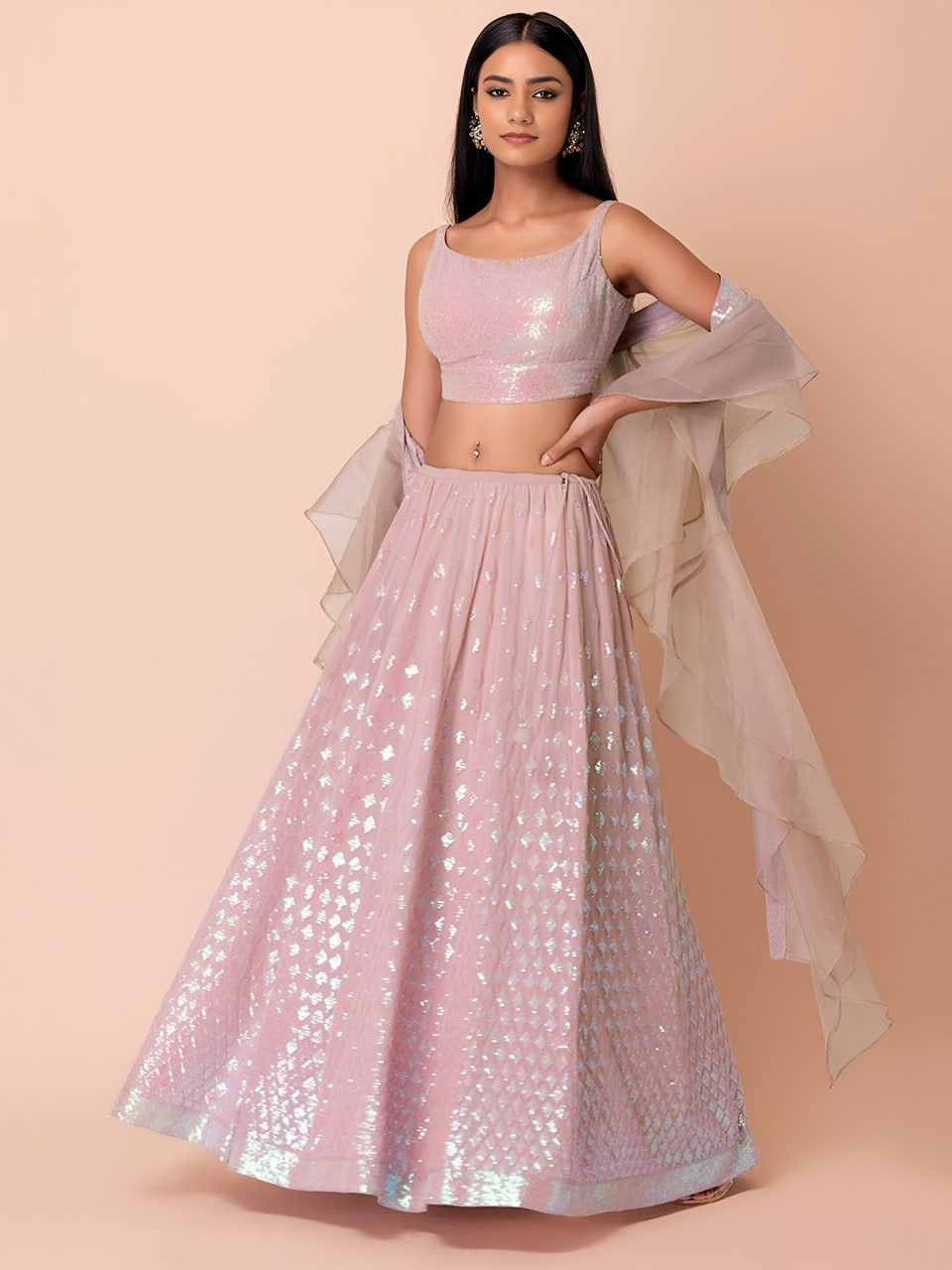 Pastel Pink Geometric Sequin Embroidered Fully Stitched Lehenga Set