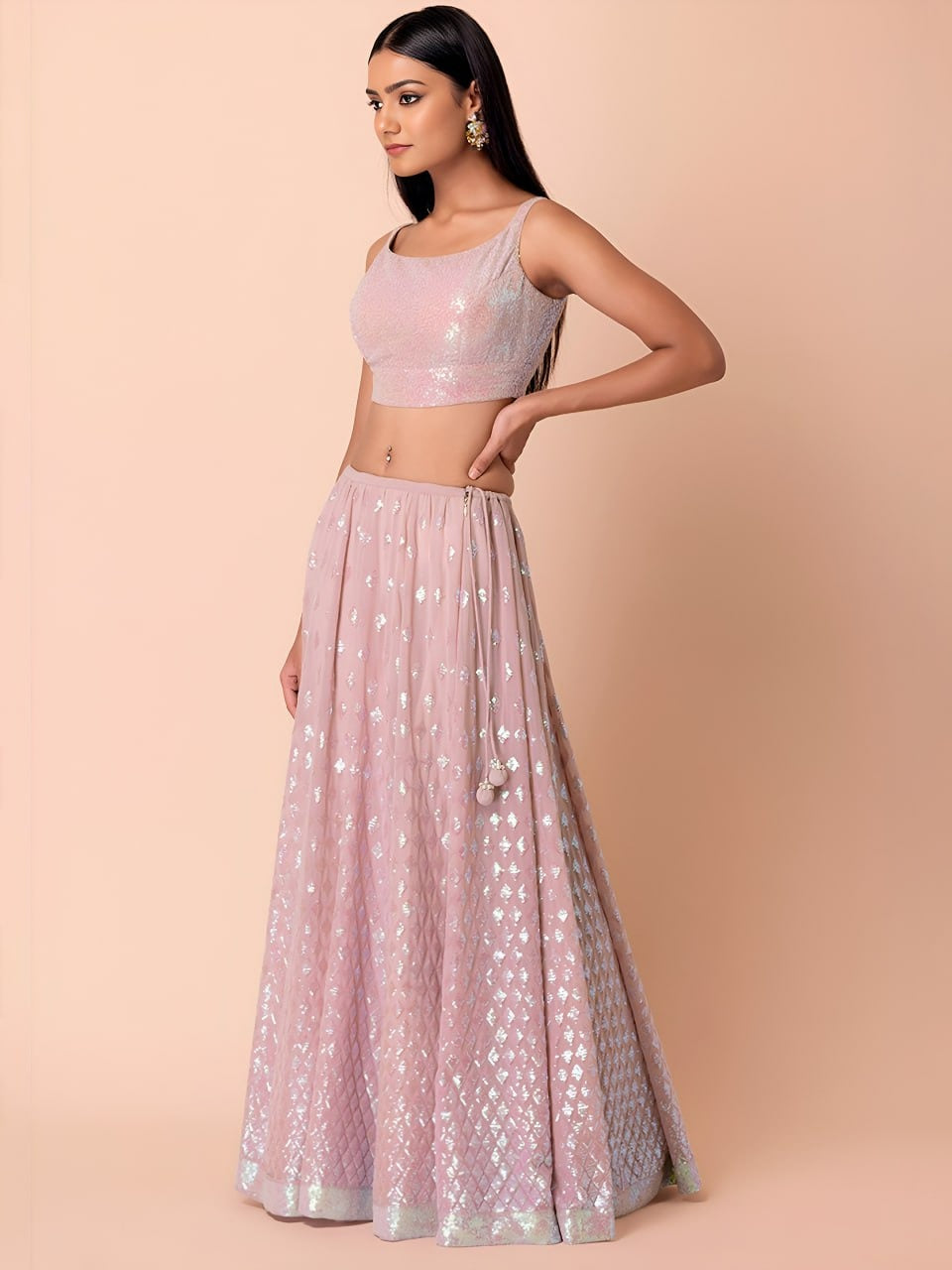 Pastel Pink Geometric Sequin Embroidered Fully Stitched Lehenga Set