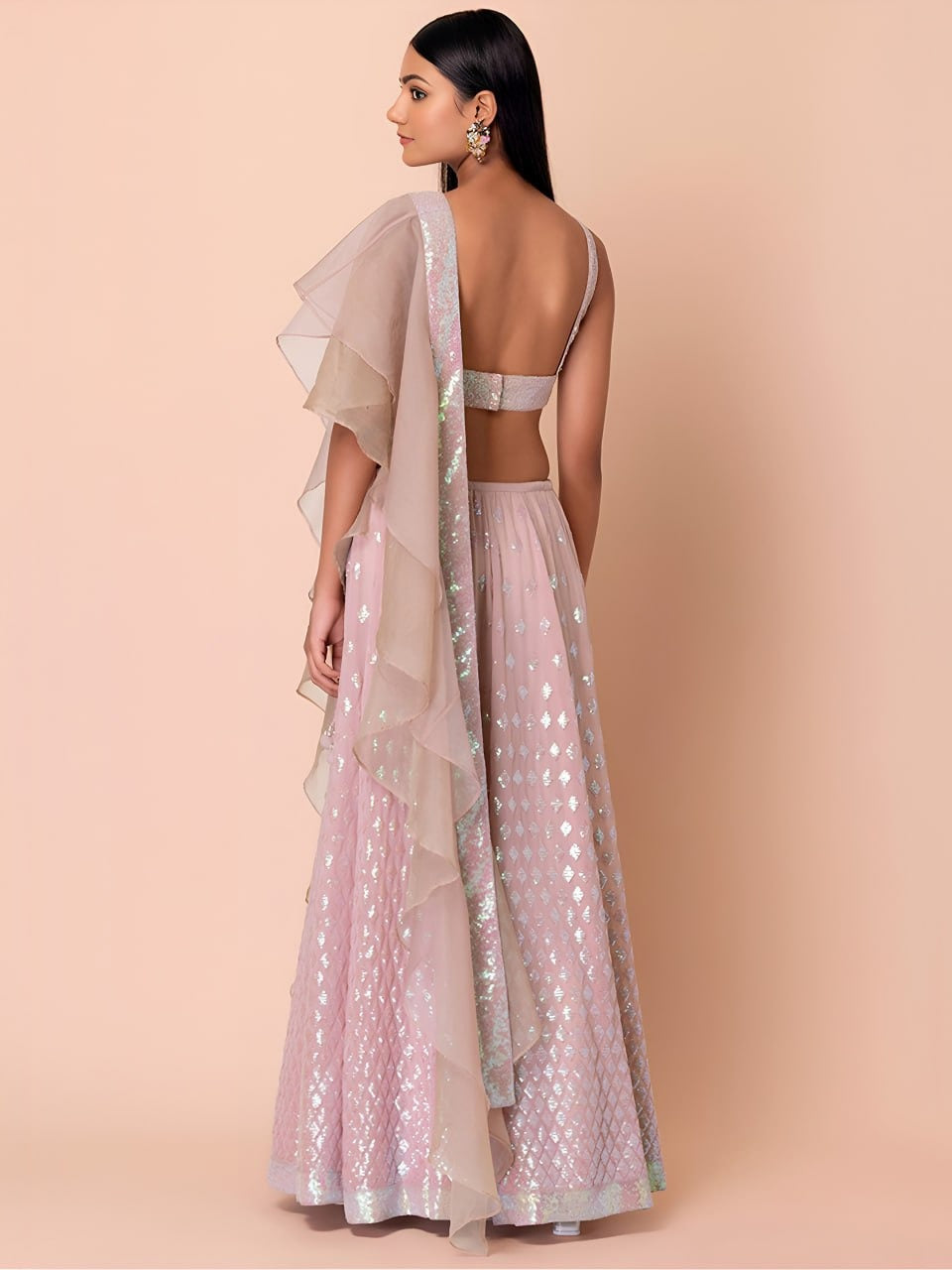 Pastel Pink Geometric Sequin Embroidered Fully Stitched Lehenga Set