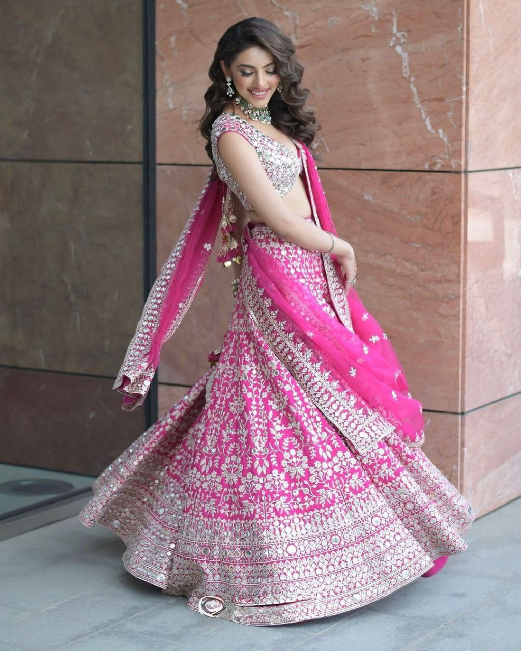 Fuchsia Pink Lehenga Choli with Intricate Silver Work