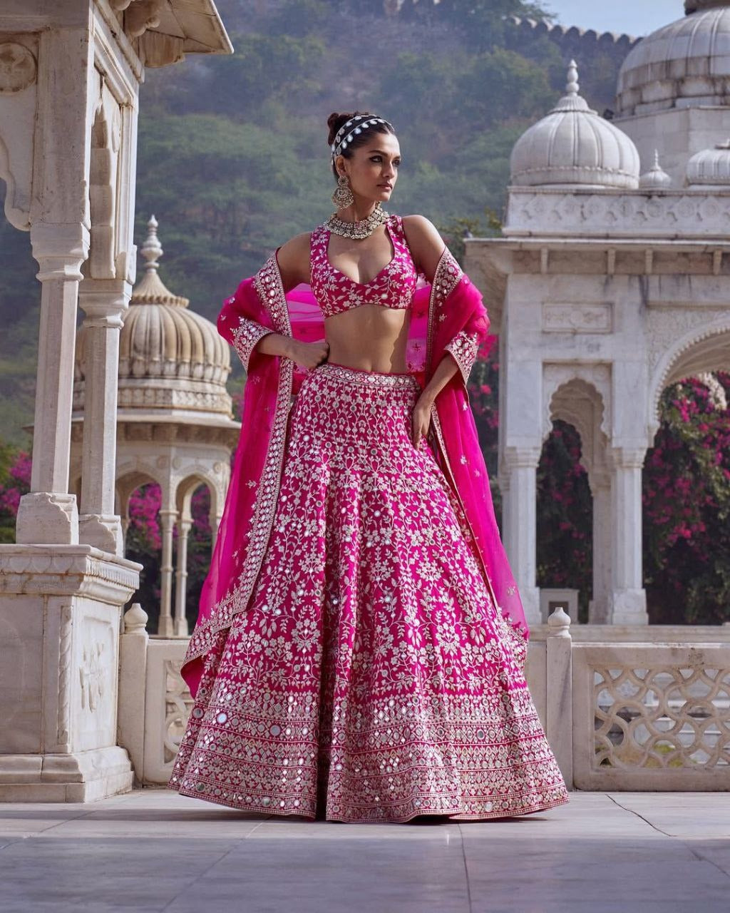 Fuchsia Pink Lehenga Choli with Intricate Silver Work