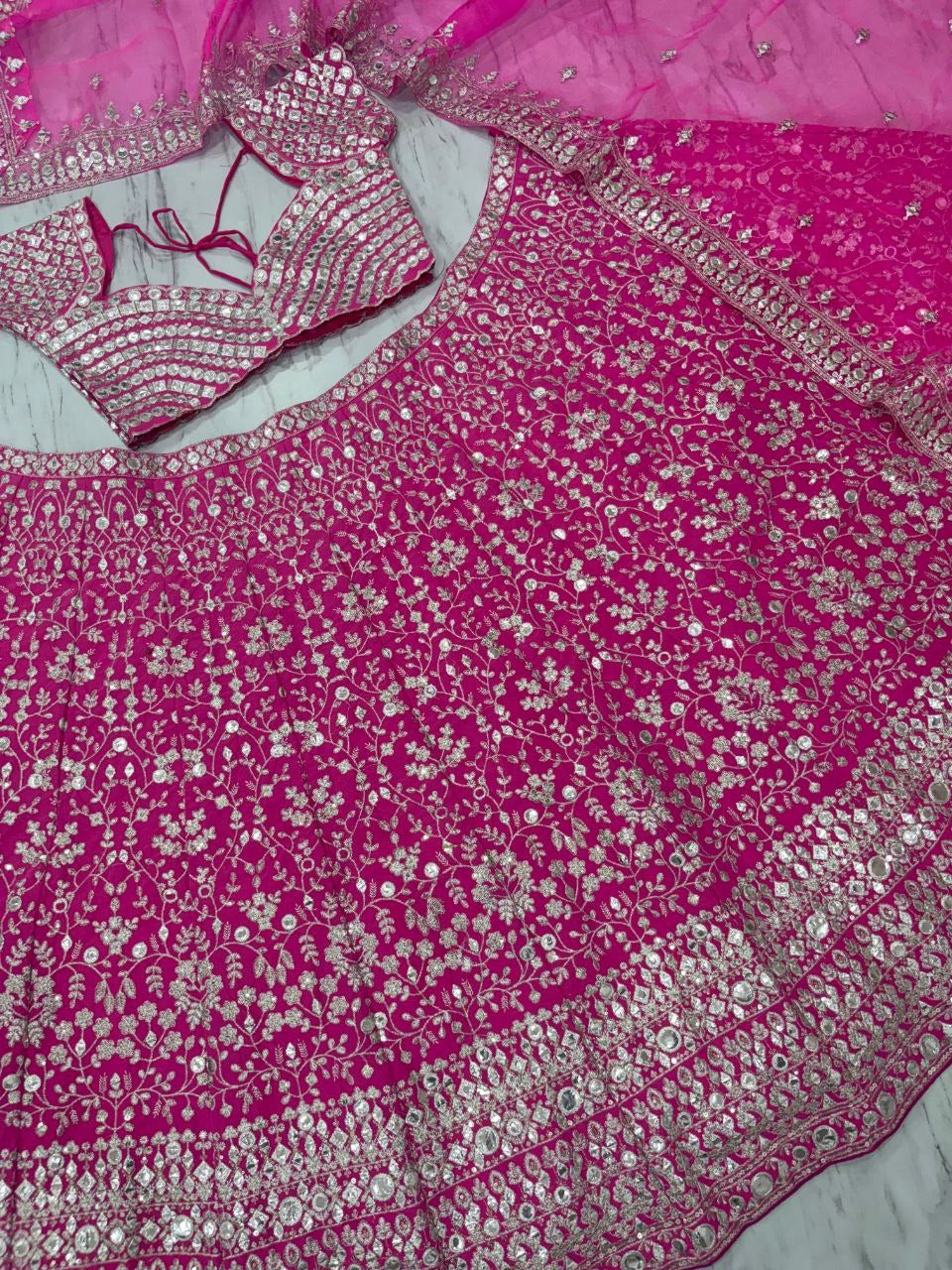 Fuchsia Pink Lehenga Choli with Intricate Silver Work