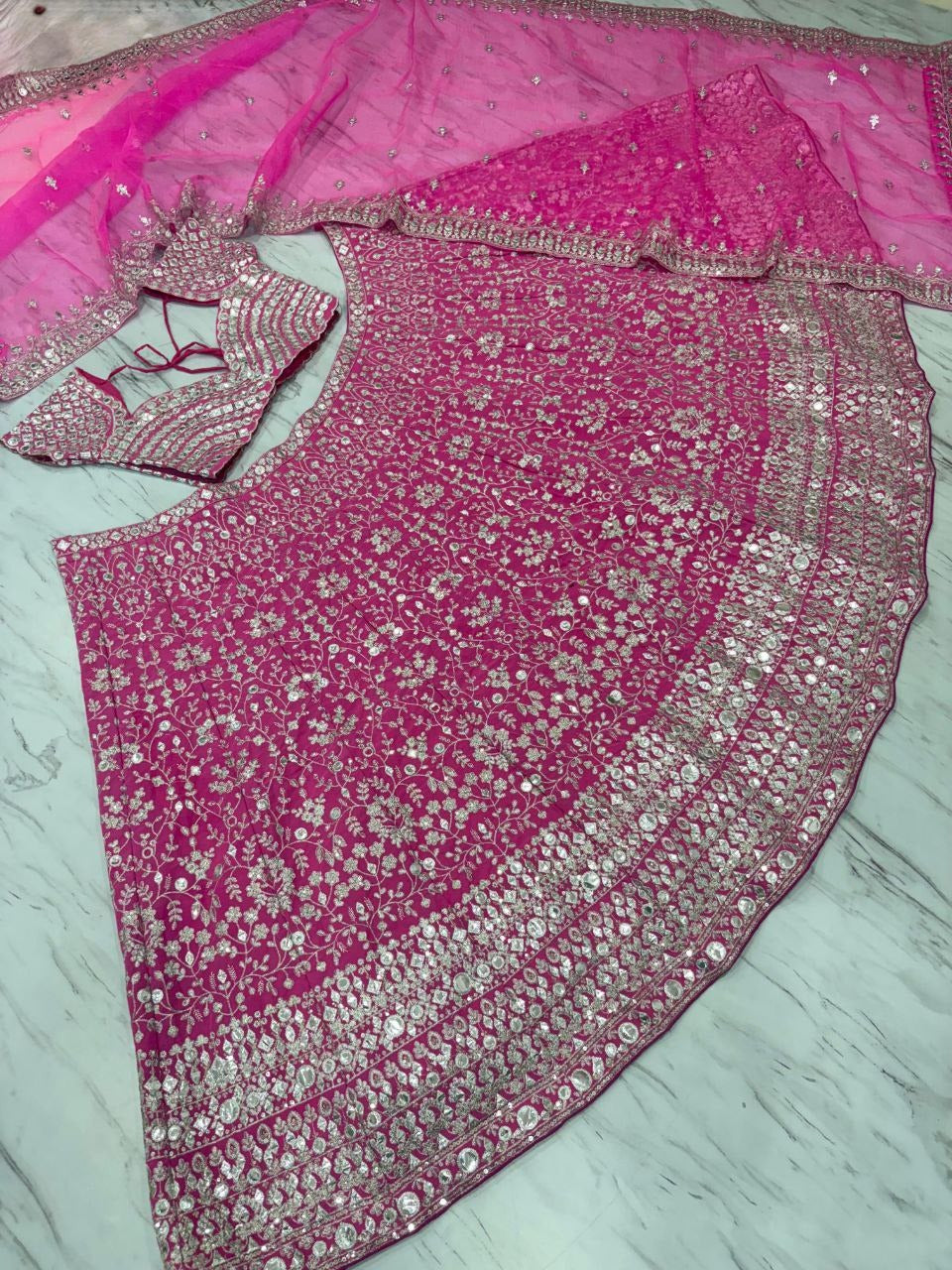 Fuchsia Pink Lehenga Choli with Intricate Silver Work