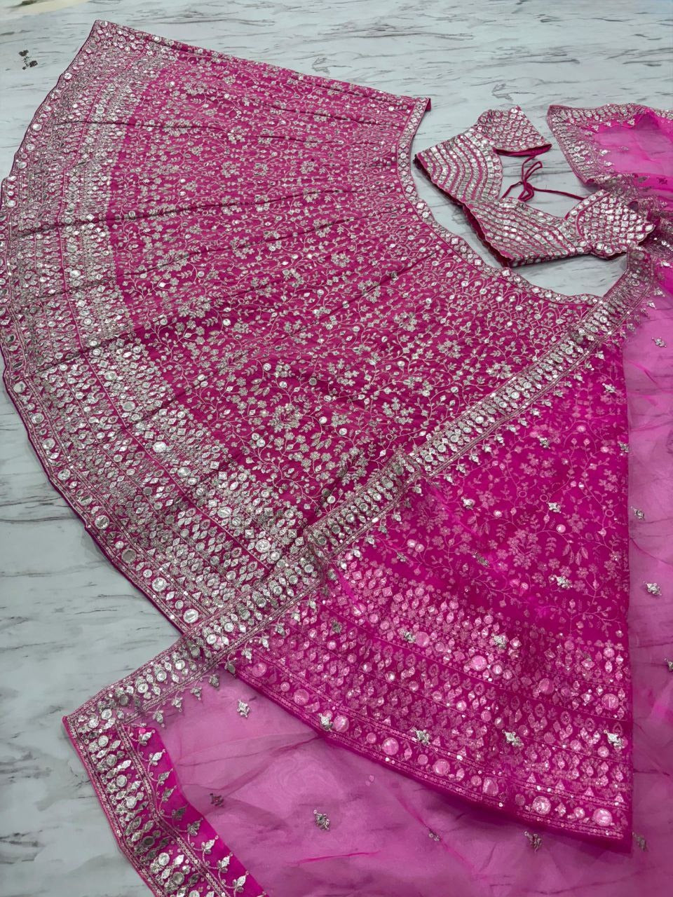 Fuchsia Pink Lehenga Choli with Intricate Silver Work