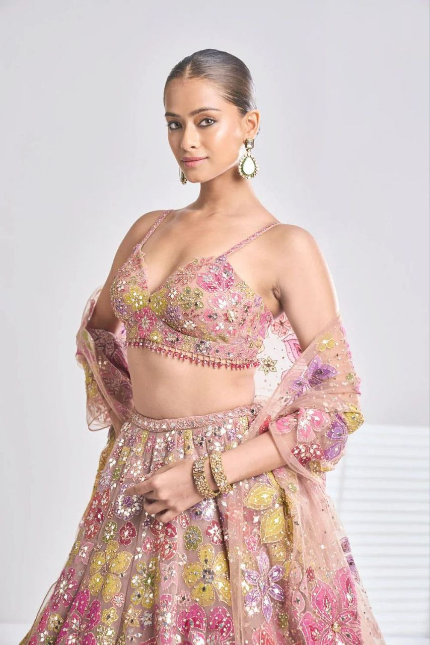 Premium Multicolor Embroidered Faux Georgette Stitched Lehenga Set