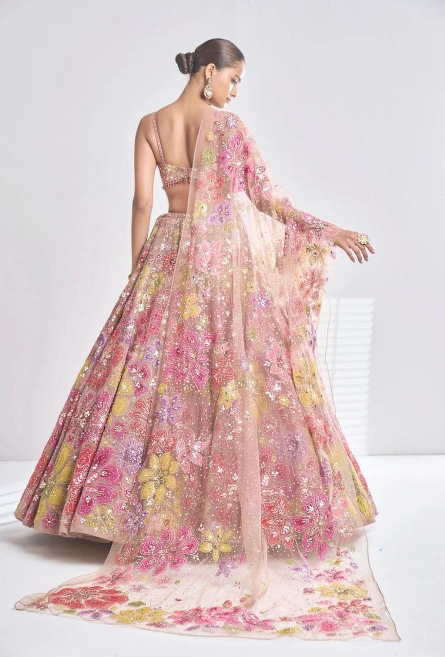Premium Multicolor Embroidered Faux Georgette Stitched Lehenga Set