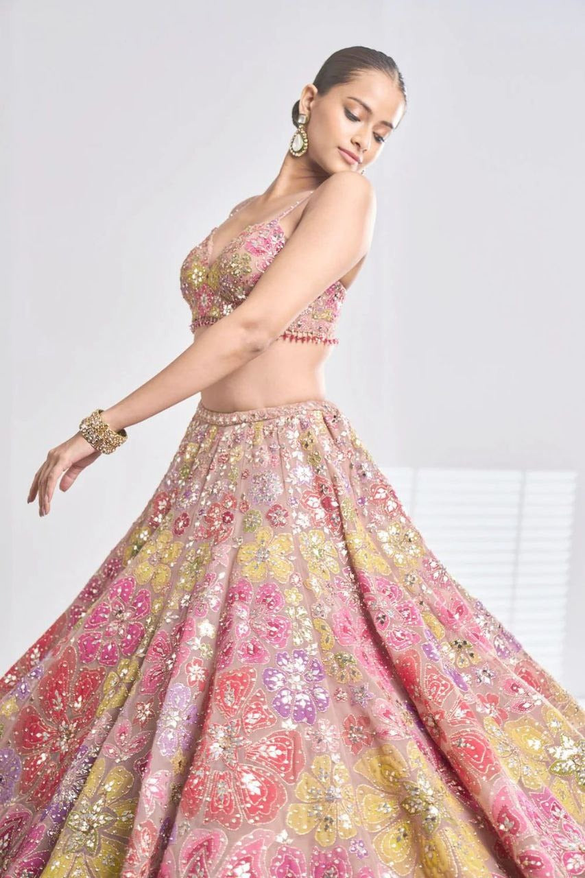 Premium Multicolor Embroidered Faux Georgette Stitched Lehenga Set