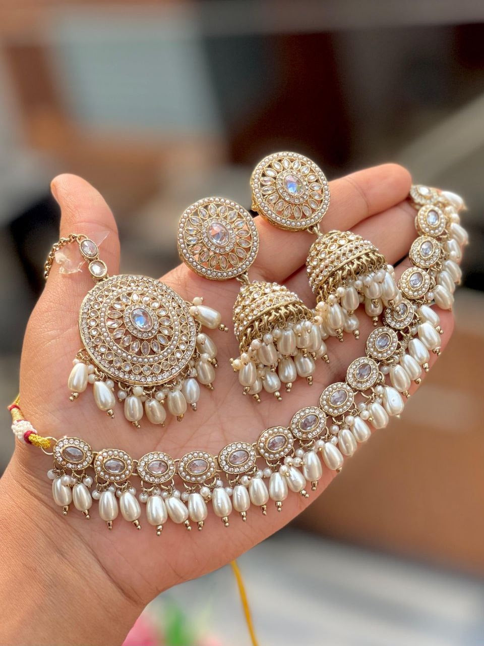 Premium Reverse AD Choker Set with Jhumka Earrings & Tikka