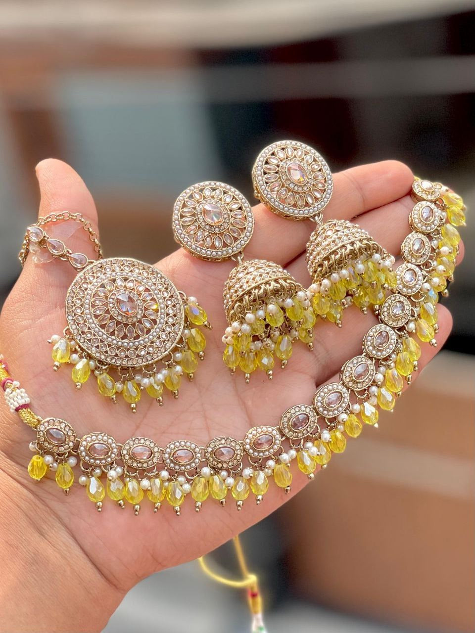 Premium Reverse AD Choker Set with Jhumka Earrings & Tikka