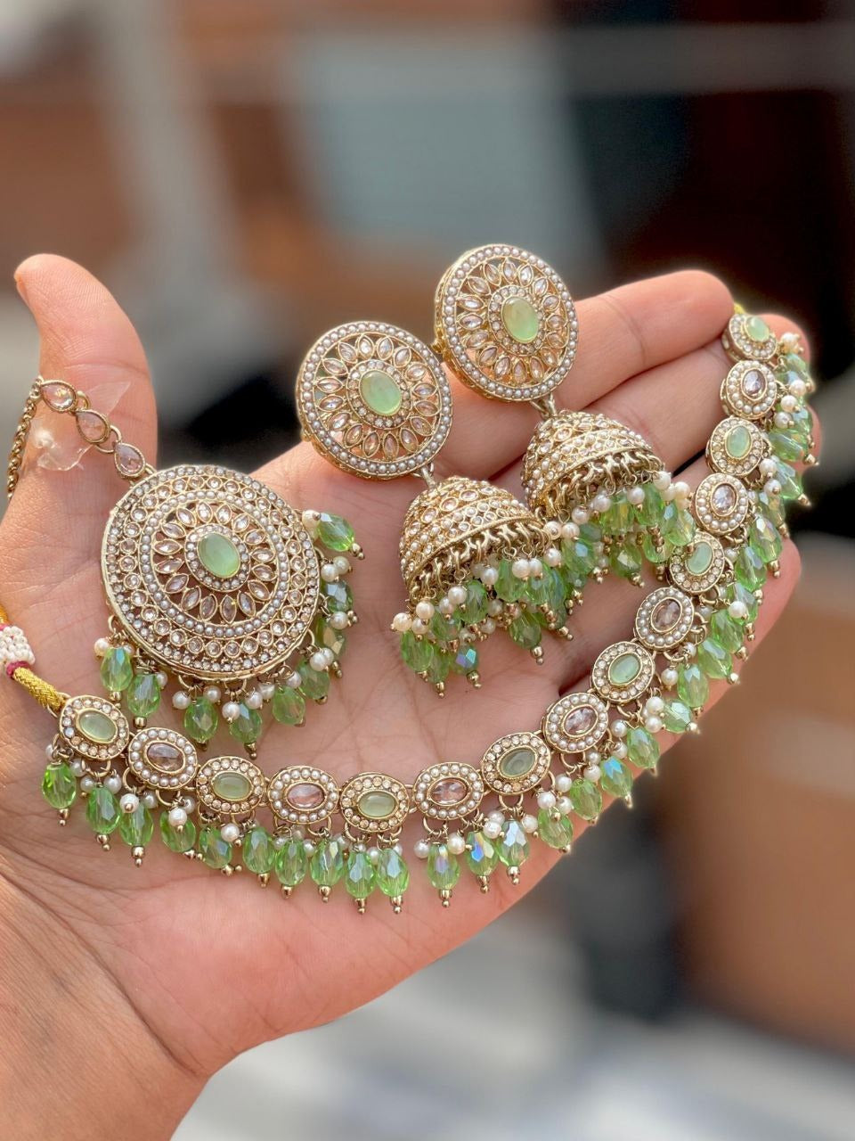 Premium Reverse AD Choker Set with Jhumka Earrings & Tikka